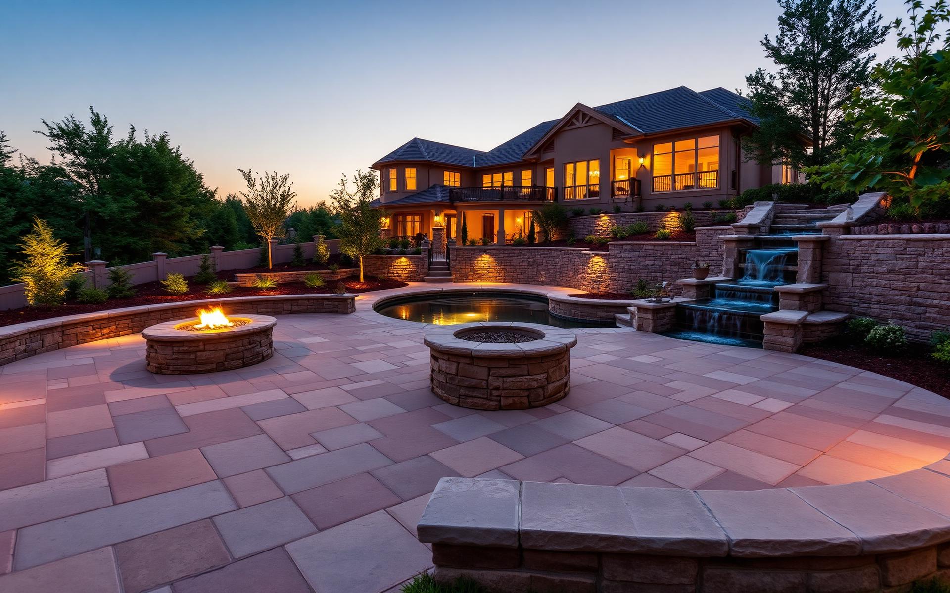 Luxury paver patio with fire pit and pool at dusk in Knoxville, TN